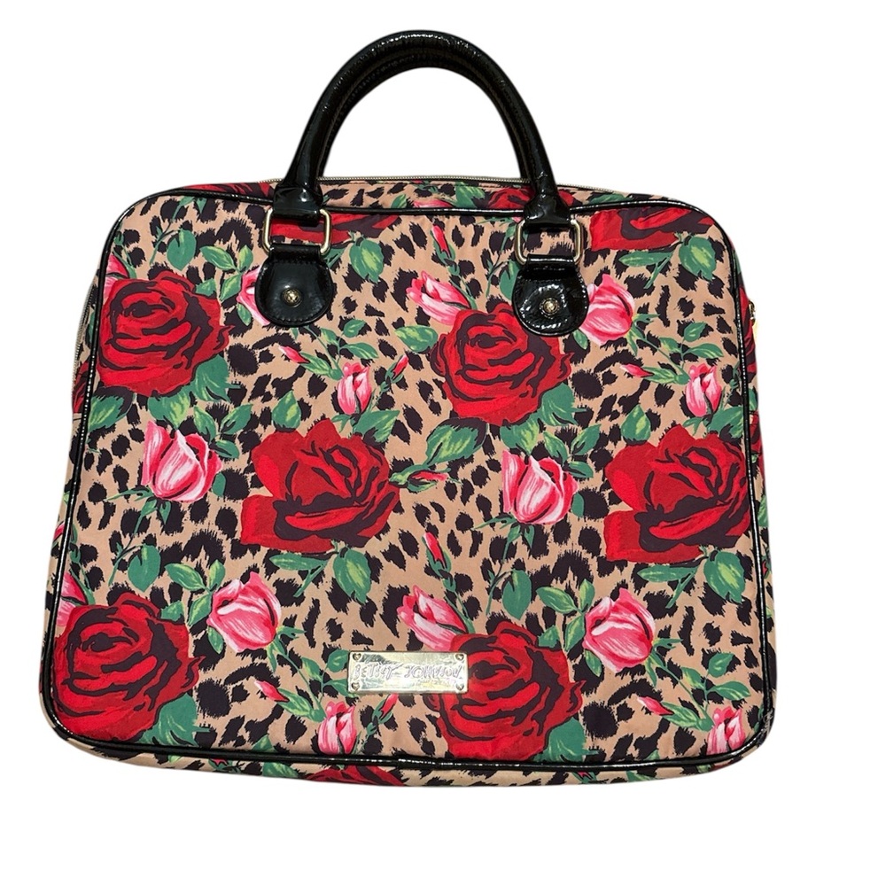 Betsey Johnson Red and Black Laptop Bag with Bold Roses Design No Strap